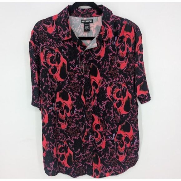 Hot Topic Button Up Shirt Men Size M Skulls Allover Print Emo Grunge Goth Woven - Picture 1 of 8